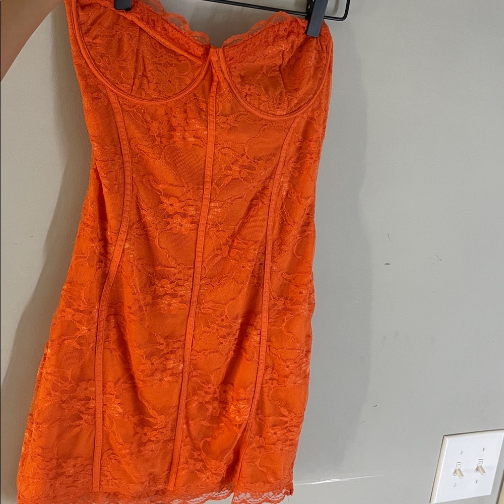 PrettyLittleThing Orange Lace Mini Dress